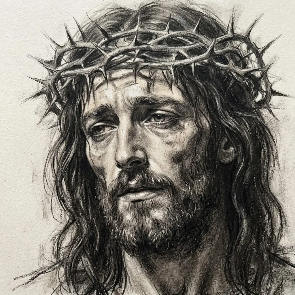 High contrast charcoal portrait of Jesus wearing the Crown of Thorns with focused light across his face.