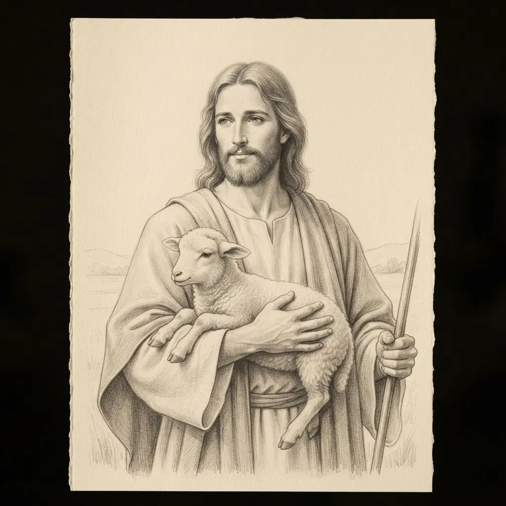 Graphite portrait of Jesus holding a lamb with a calm face and softly shaded robe beside a simple field.