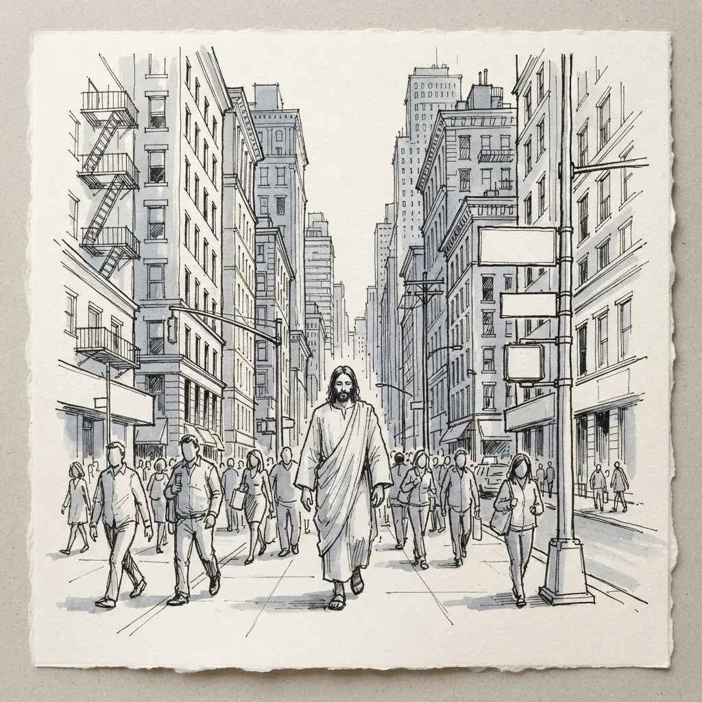 Contemporary ink sketch of Jesus walking between tall city buildings, street signs, and simplified urban figures.