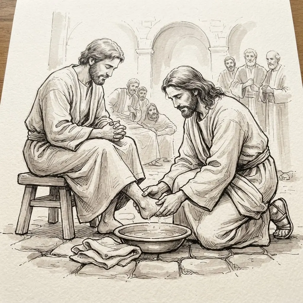 Detailed ink drawing of Jesus kneeling to wash a disciple’s feet beside a basin and folded cloth.