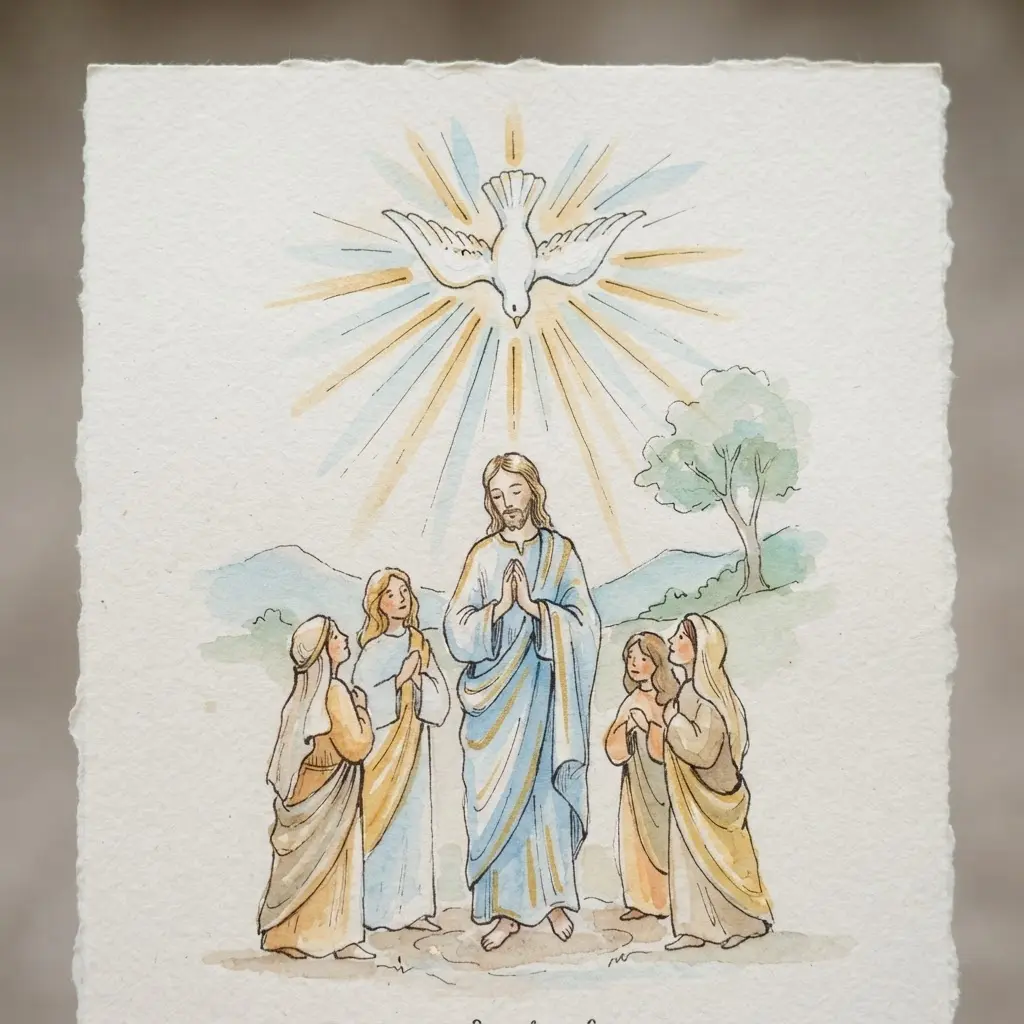 Symbolic drawing of a white dove descending through radiant lines above a small group of gathered figures.
