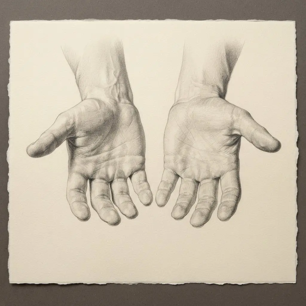 Graphite study of two open outstretched hands with careful shading across the palms, fingers, and wrists.