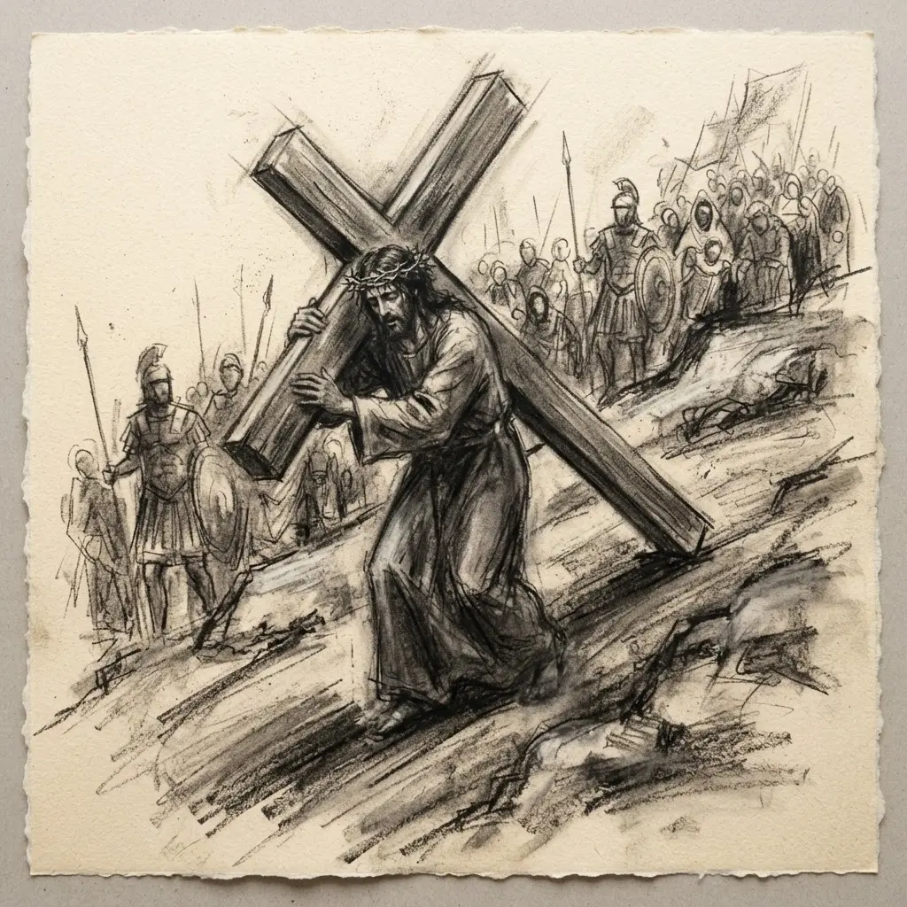 Expressionist charcoal drawing of Jesus carrying the Cross along a sloping path with strong directional lines.
