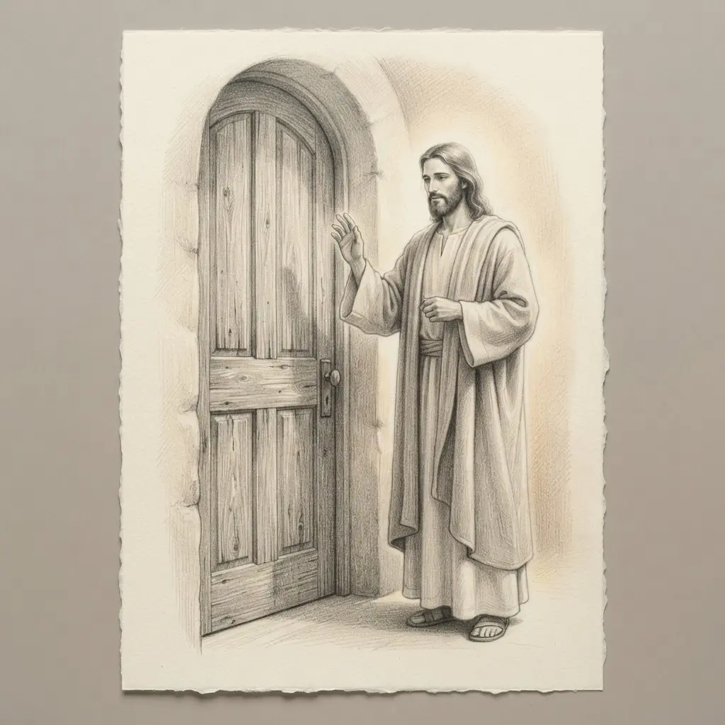 Soft shading graphite drawing of Jesus standing at a wooden door with one hand raised and quiet light around him.