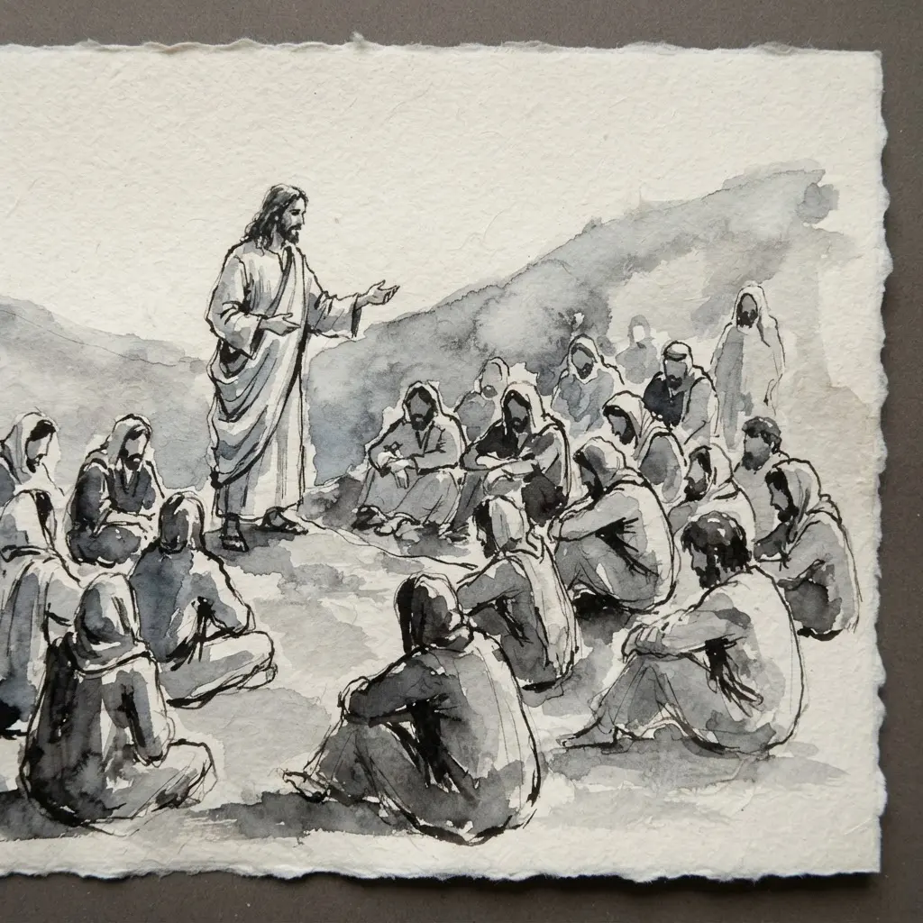 Ink wash scene of Jesus speaking to a seated crowd on a hillside with loose tonal layers. Jesus Christ drawing ideas.