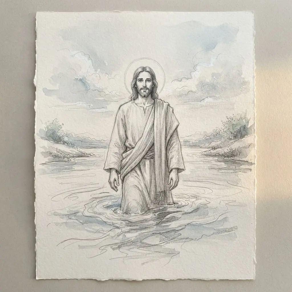 Pencil sketch showing Jesus standing in the Jordan River as water and an open sky frame the baptism scene.