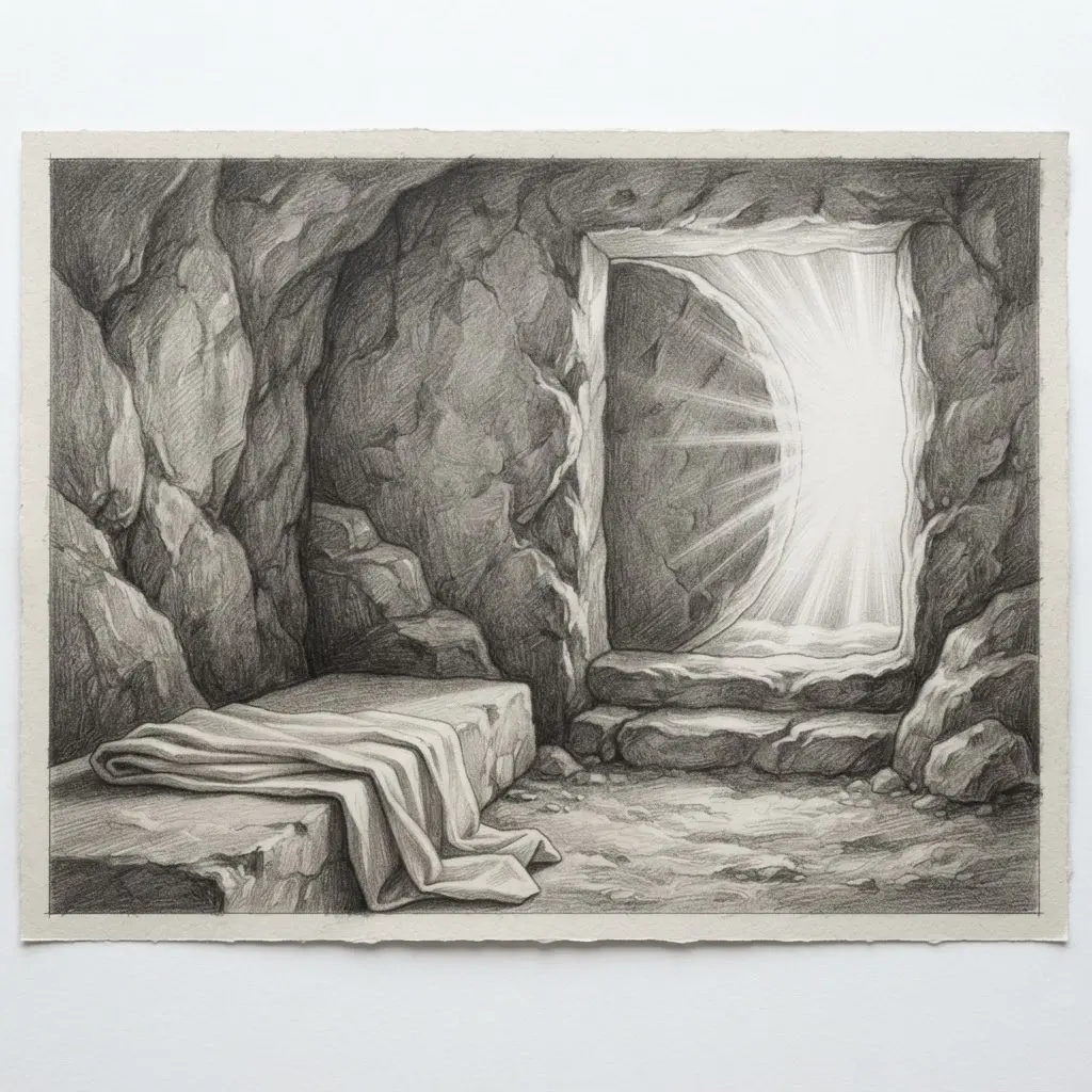 Detailed graphite drawing of the open tomb, folded cloth, stone entrance, and bright light beyond. Jesus Christ drawing ideas.