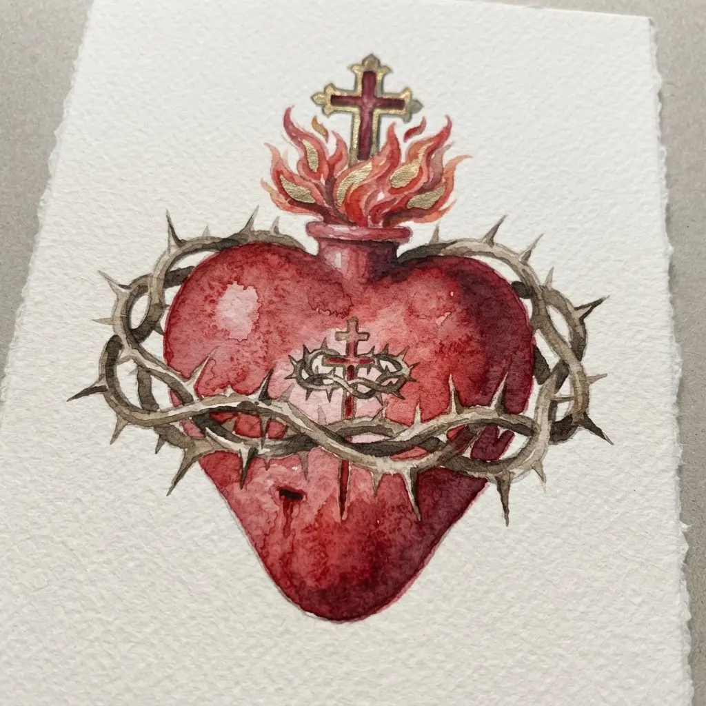 Watercolor Sacred Heart symbol with red tones, a crown of thorns, and small gold accents on pale paper.
