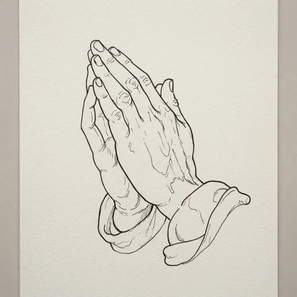 Minimalist line drawing of two folded hands in prayer using clean black contours and open white space. Jesus Christ drawing ideas.