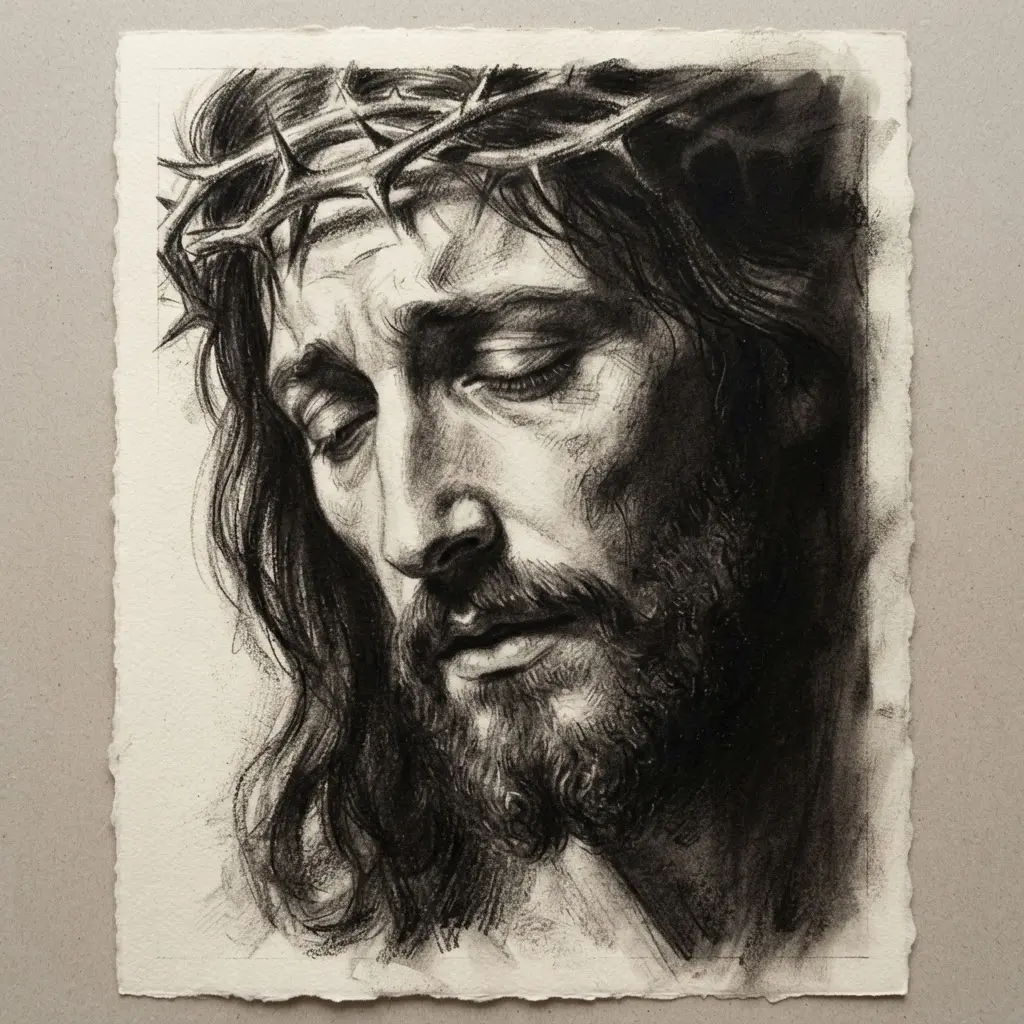 Charcoal portrait of Jesus at the Crucifixion with one side of the face lit and the other in deep shadow.