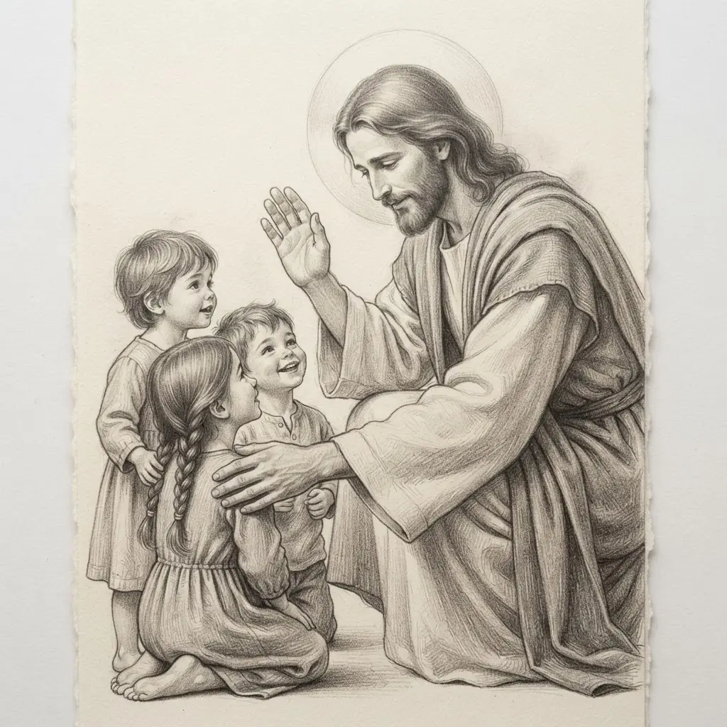 Soft graphite drawing of Jesus bending toward children with one hand raised in blessing and gentle facial expressions. Jesus Christ drawing ideas.