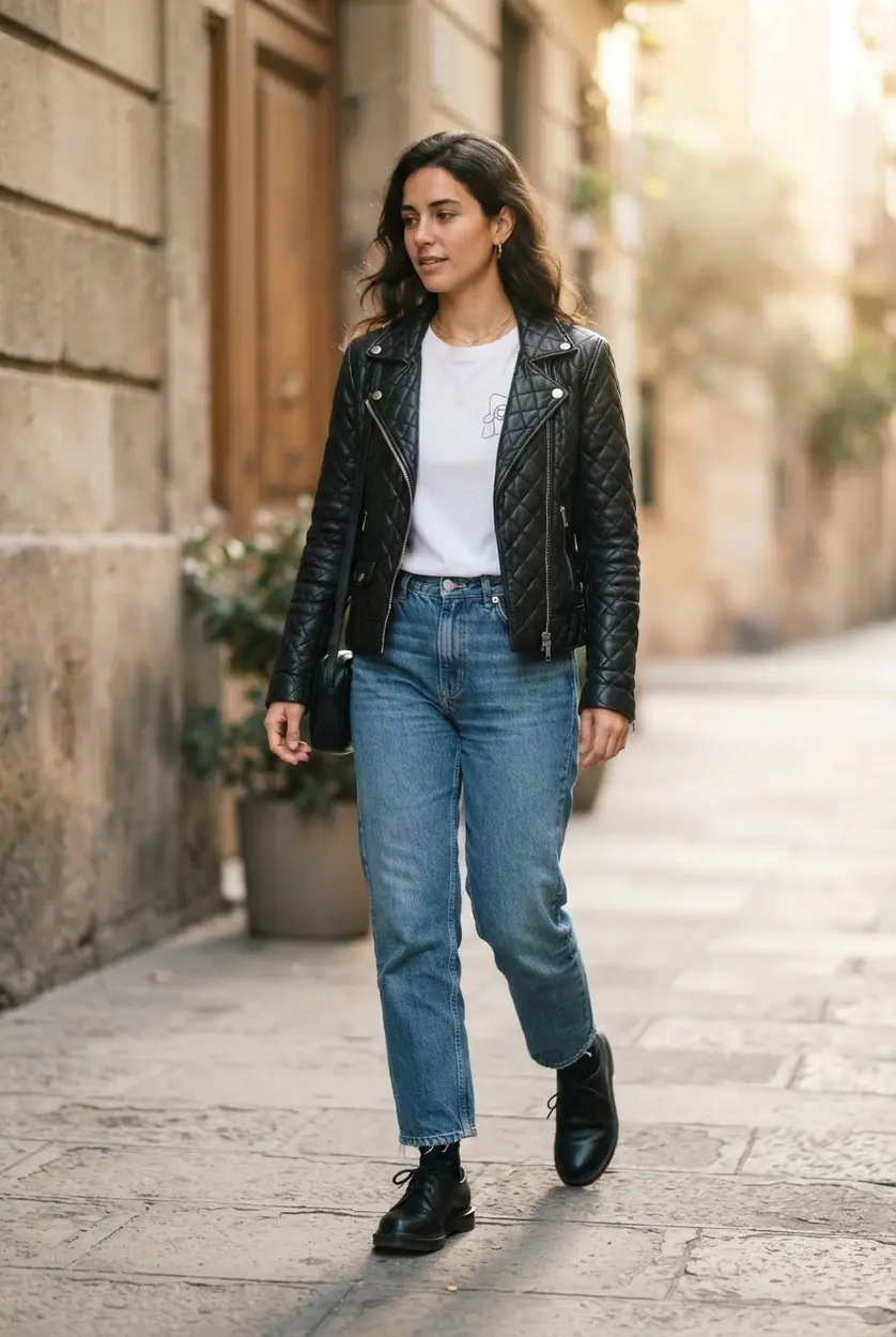 Quilted leather jacket, graphic tee, relaxed jeans, and lace-up shoes.
