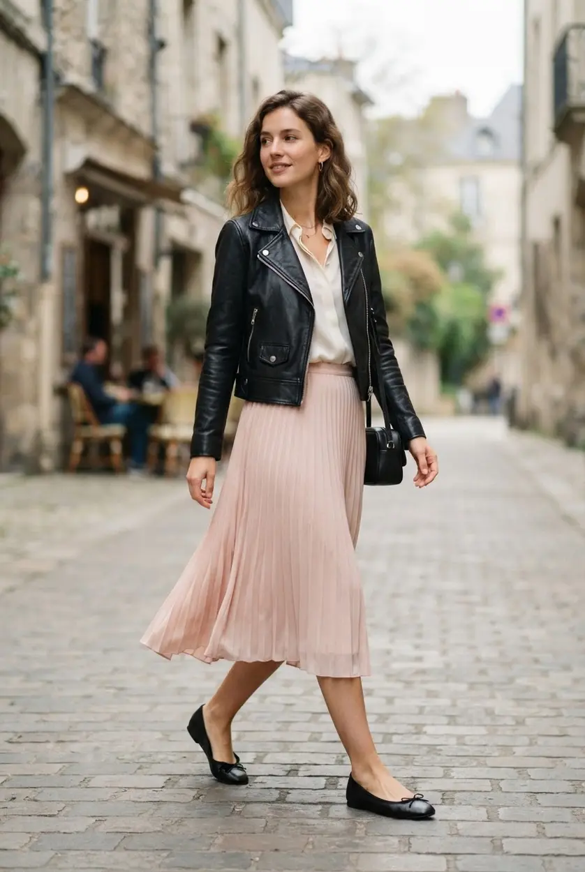 Cropped leather jacket, pleated skirt, tucked blouse, and ballet flats.