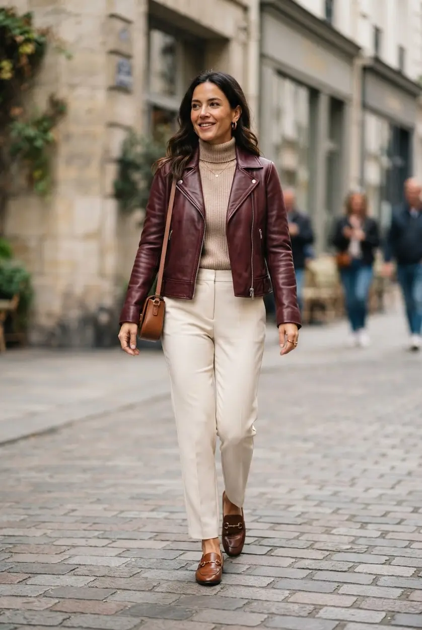 Burgundy leather jacket, beige knit top, cream trousers, and loafers.