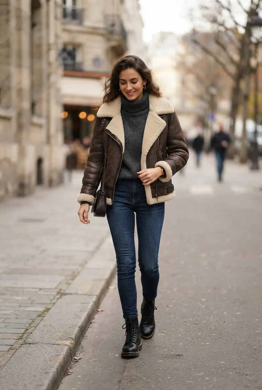 Shearling-lined leather jacket, wool sweater, dark pants, and winter boots.
