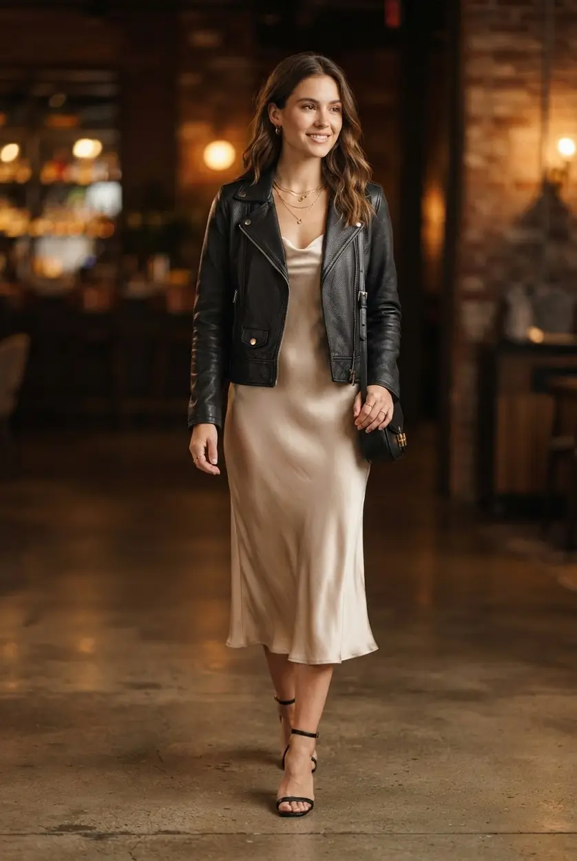 Black leather moto jacket over a satin slip dress with heeled sandals.