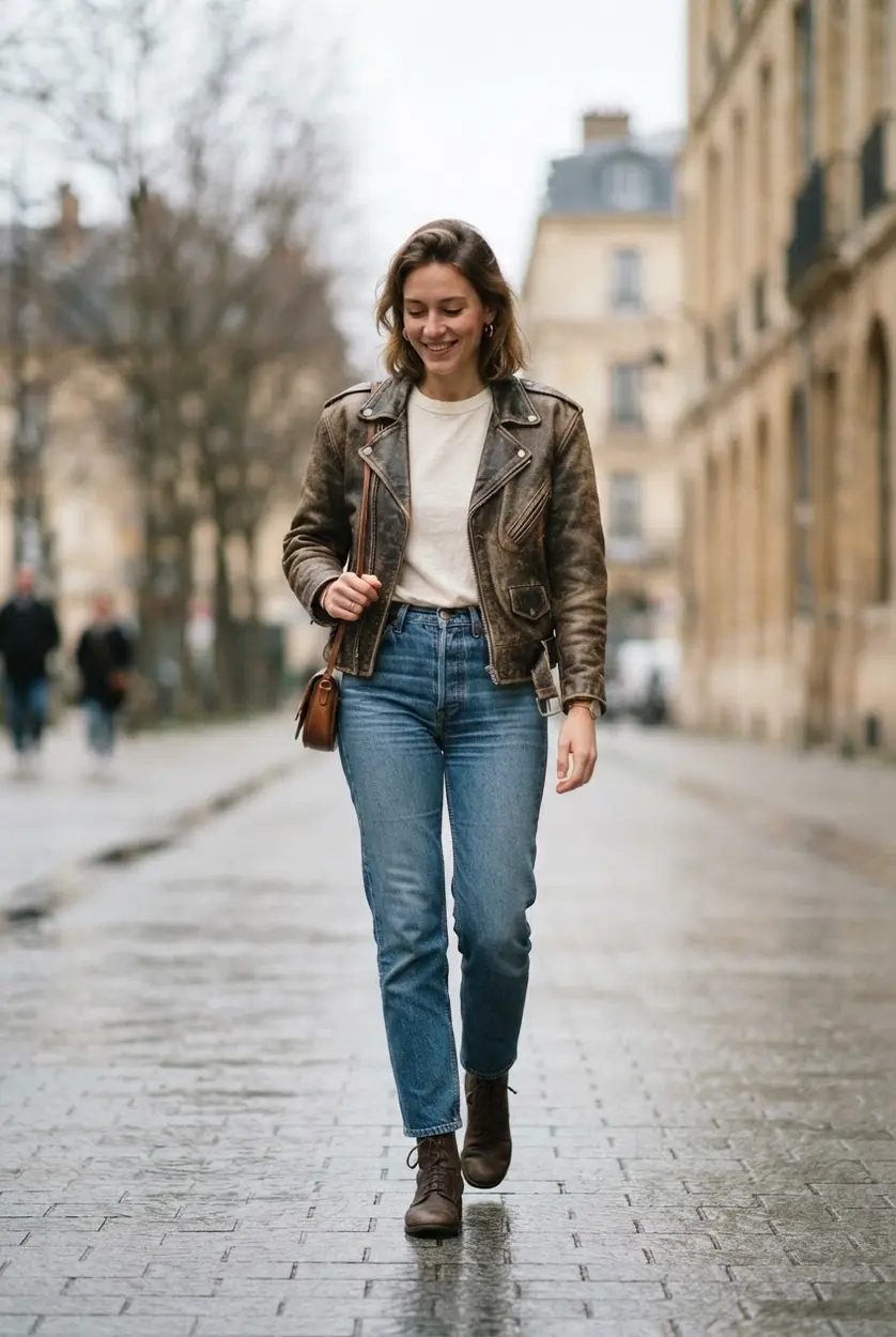 Vintage brown leather jacket, cream shirt, straight denim, and worn leather boots.