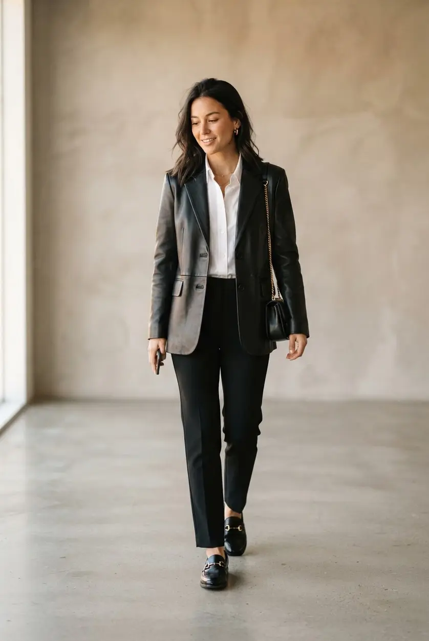 Black leather blazer, tailored trousers, white shirt, and loafers.