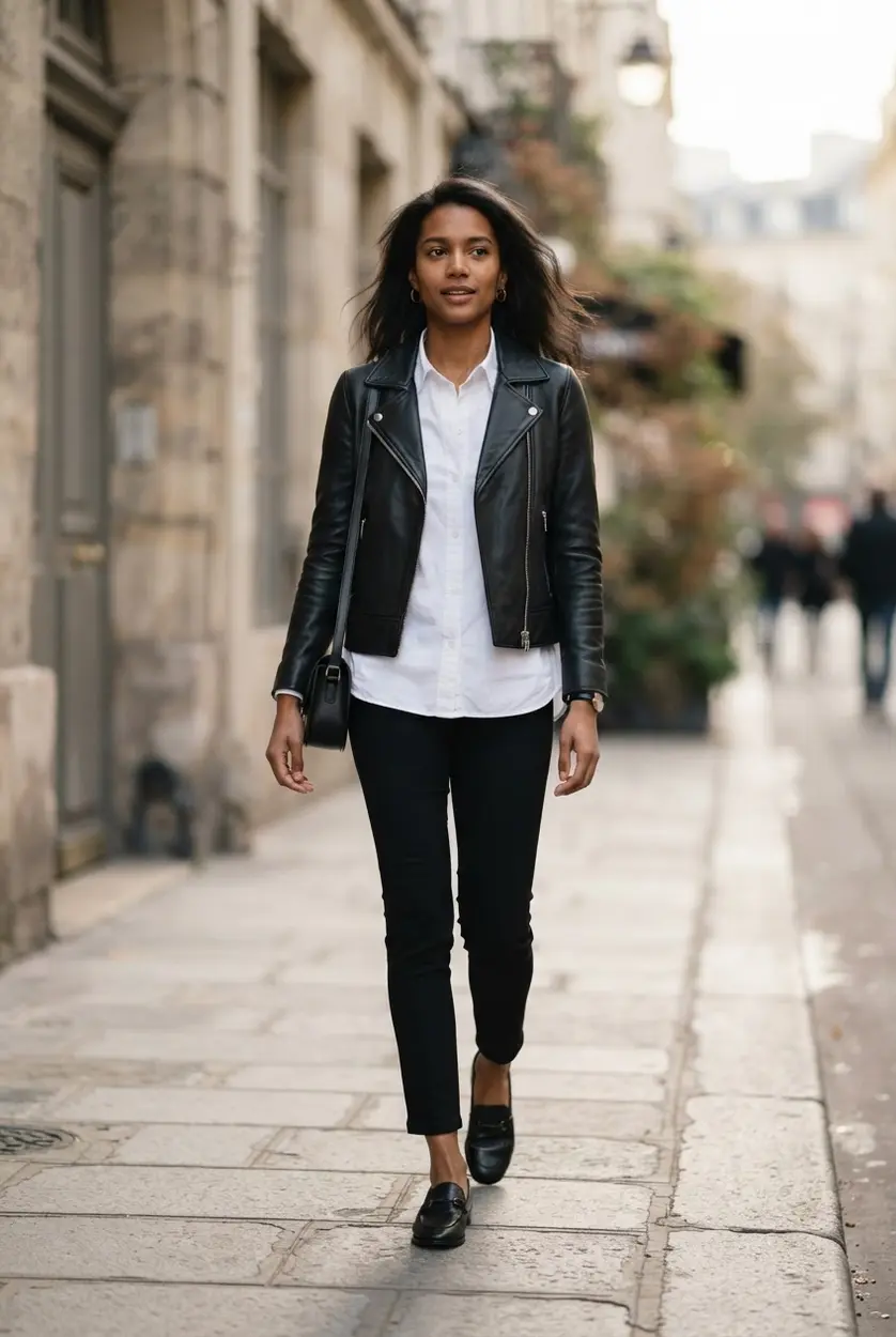 Minimal black leather jacket, slim trousers, white button shirt, and low heels.