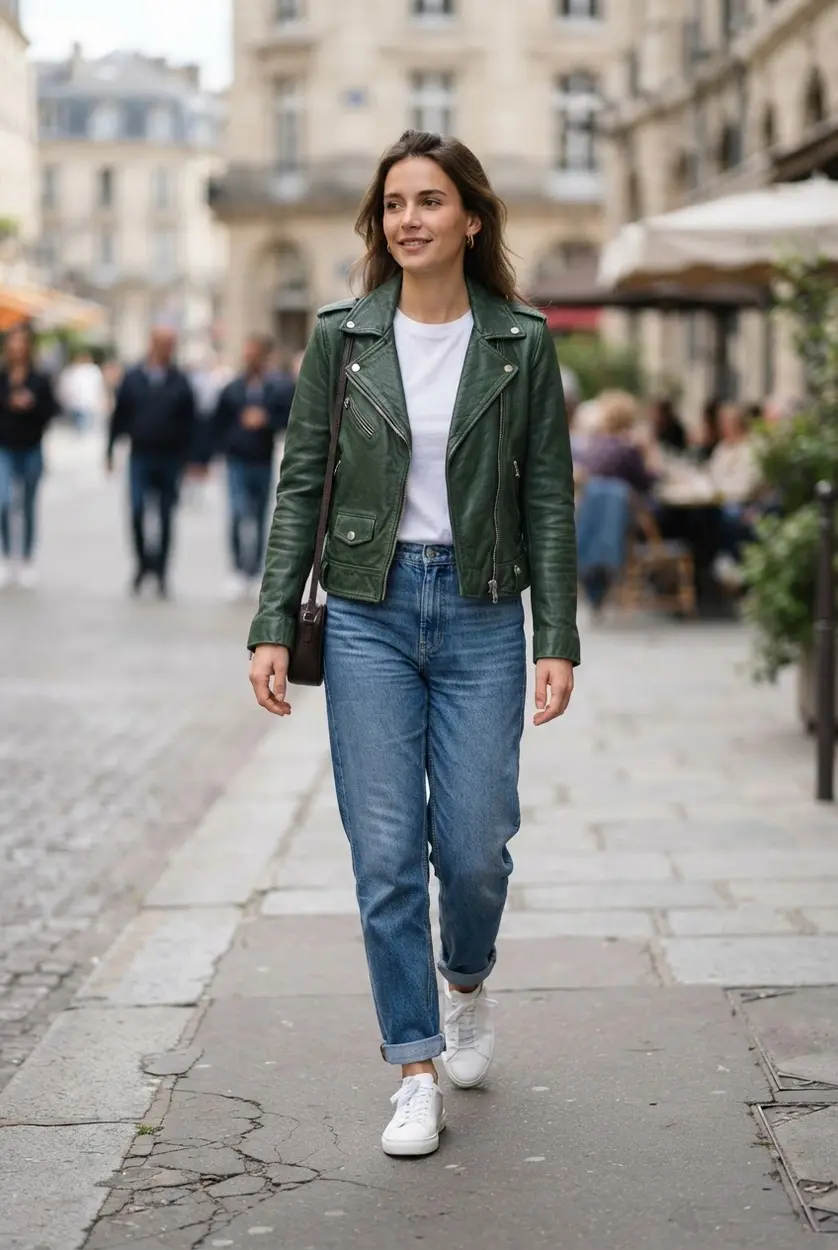 Green leather jacket, relaxed blue denim, white tee, and white sneakers.