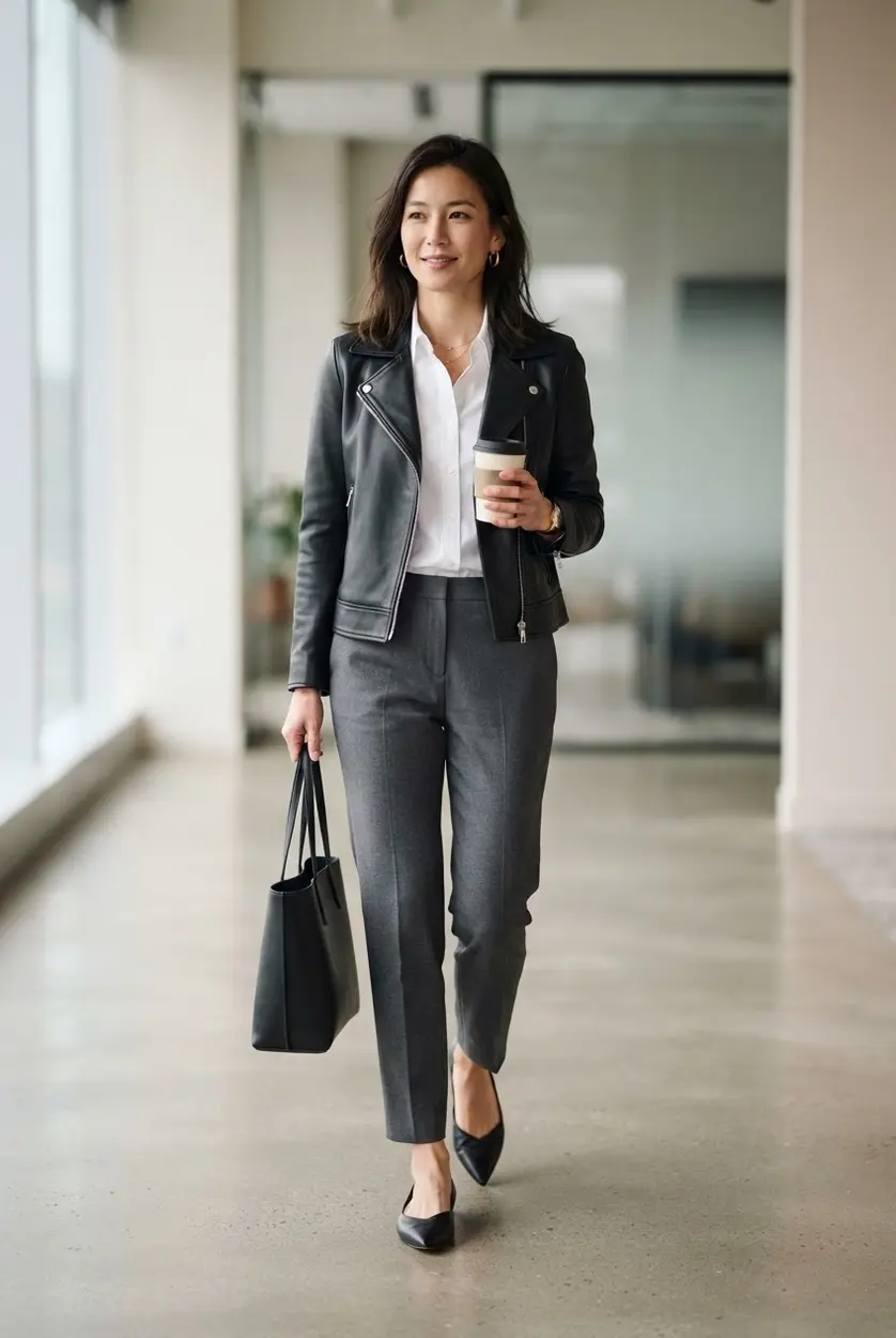 Black leather jacket, white button-down, tailored trousers, and pointed flats.