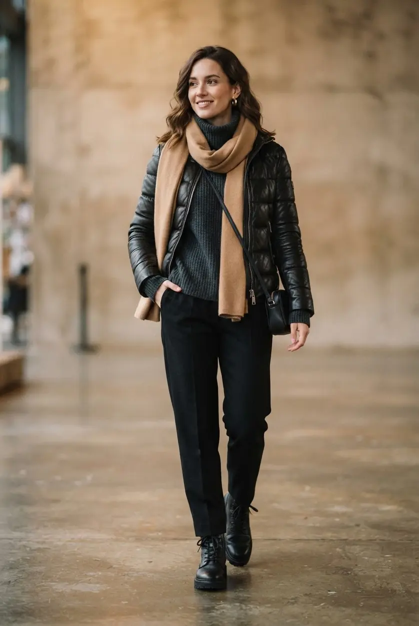 Puffer leather jacket, ribbed sweater, wool trousers, scarf, and insulated boots.
