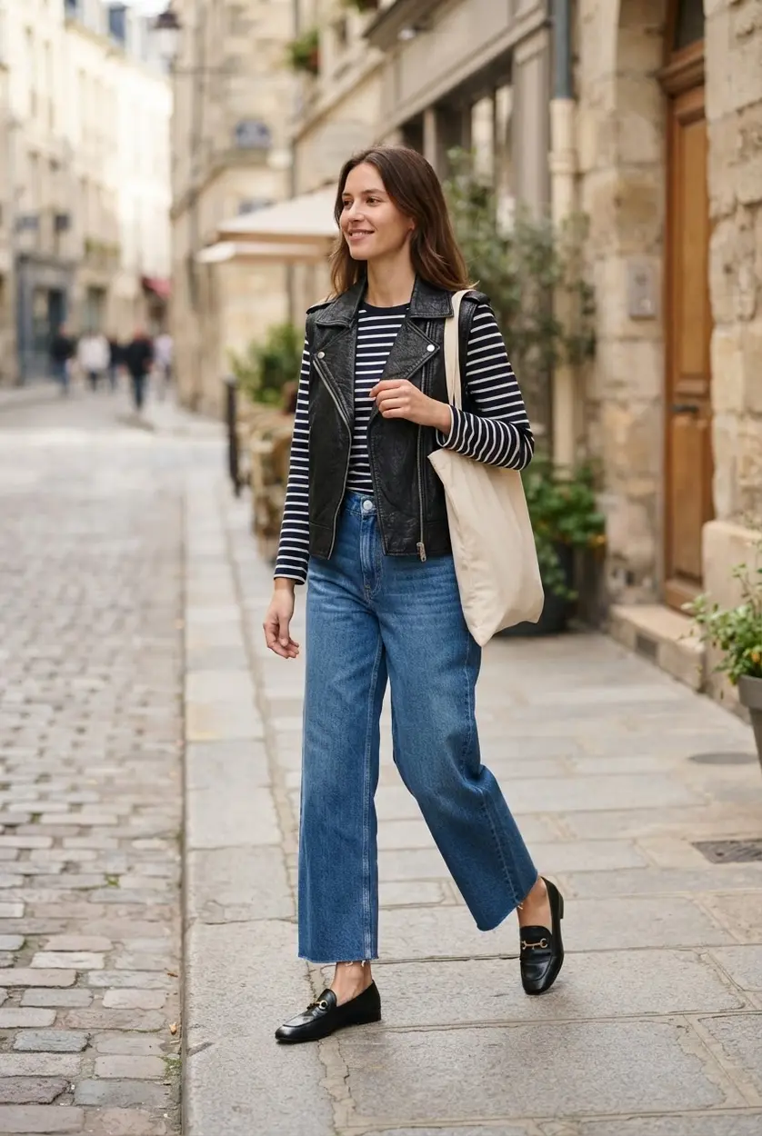 Sleeveless leather jacket, striped shirt, wide jeans, loafers, and canvas tote.