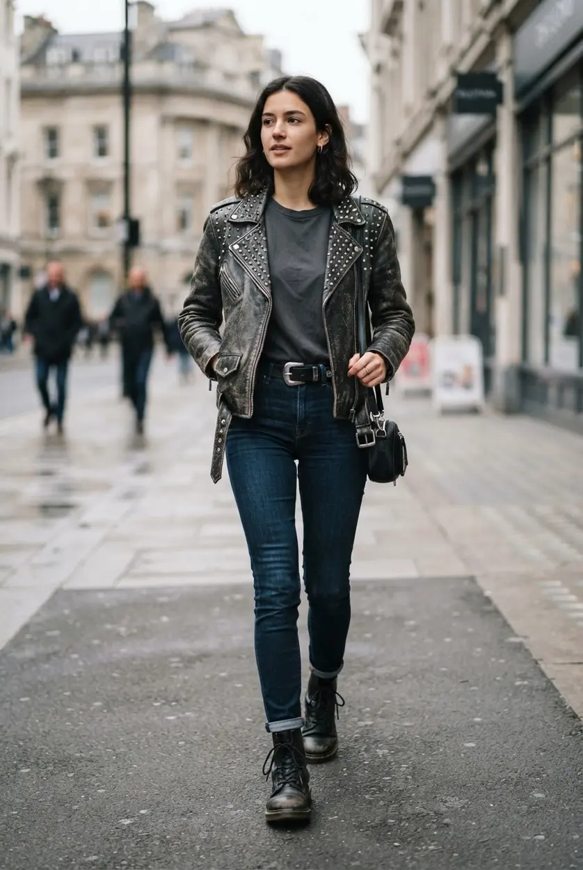 Studded black leather jacket, dark jeans, gray tee, silver belt, and combat boots.