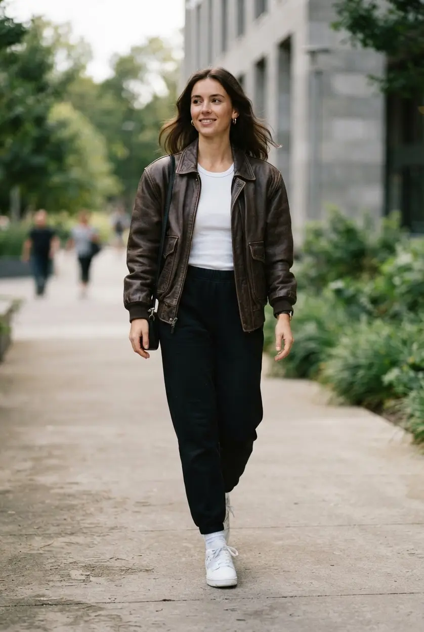 Brown leather bomber jacket, black joggers, ribbed tank, and white sneakers.