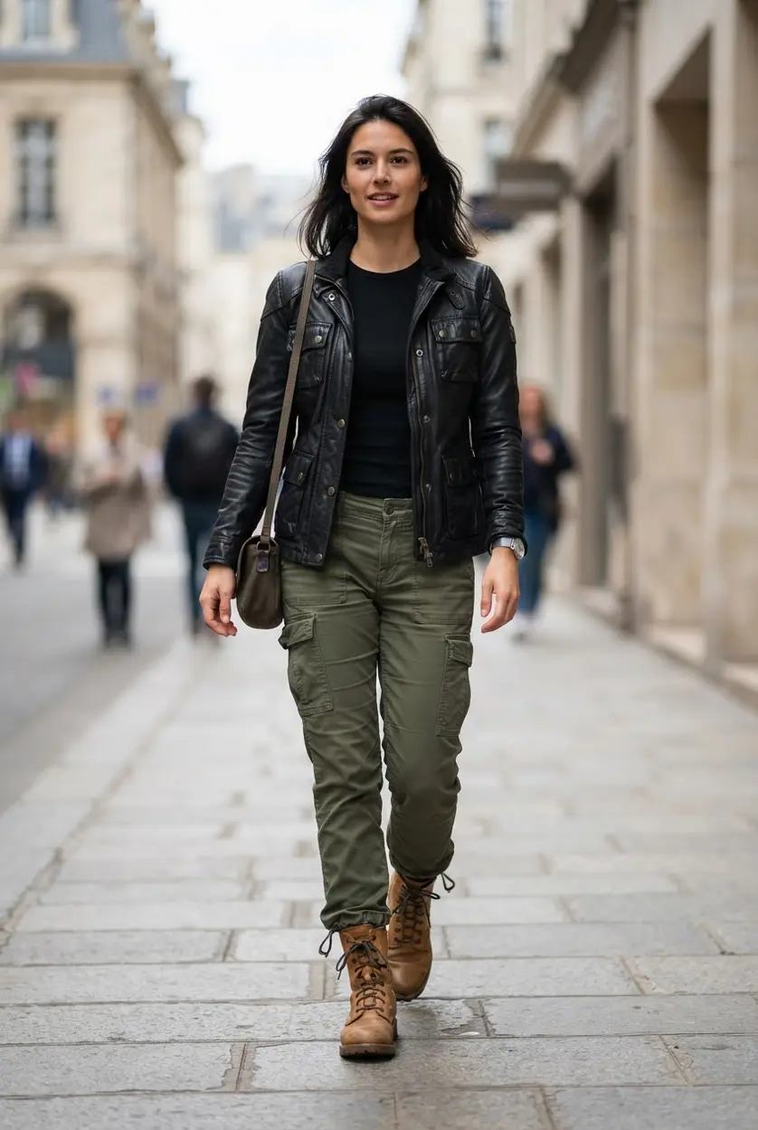 Utility leather jacket, olive cargo trousers, fitted black shirt, and sturdy boots.