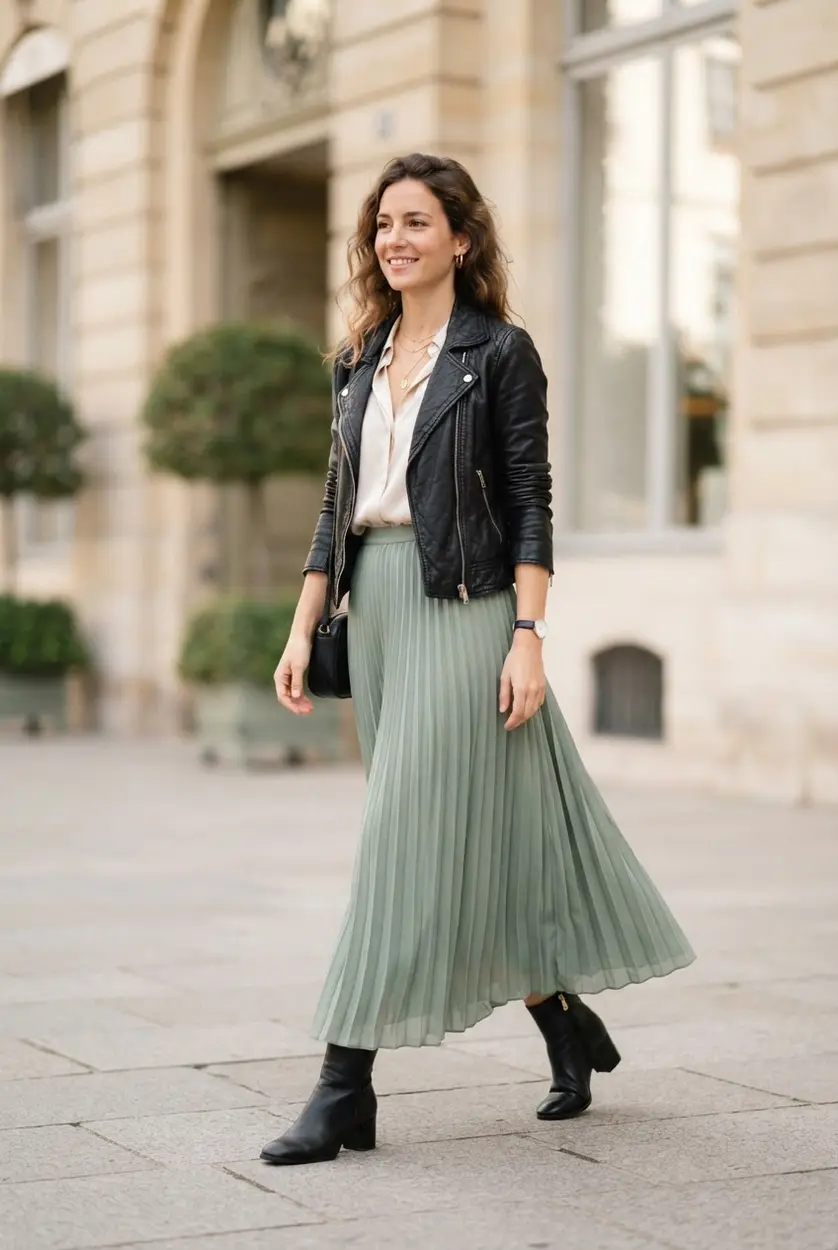 Black leather jacket, flowing maxi skirt, tucked blouse, and ankle boots.