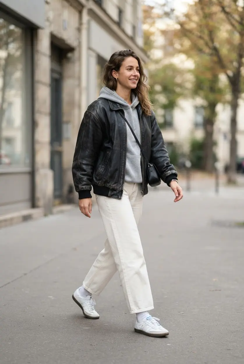 Oversized leather bomber, gray hoodie, relaxed pants, and sneakers.