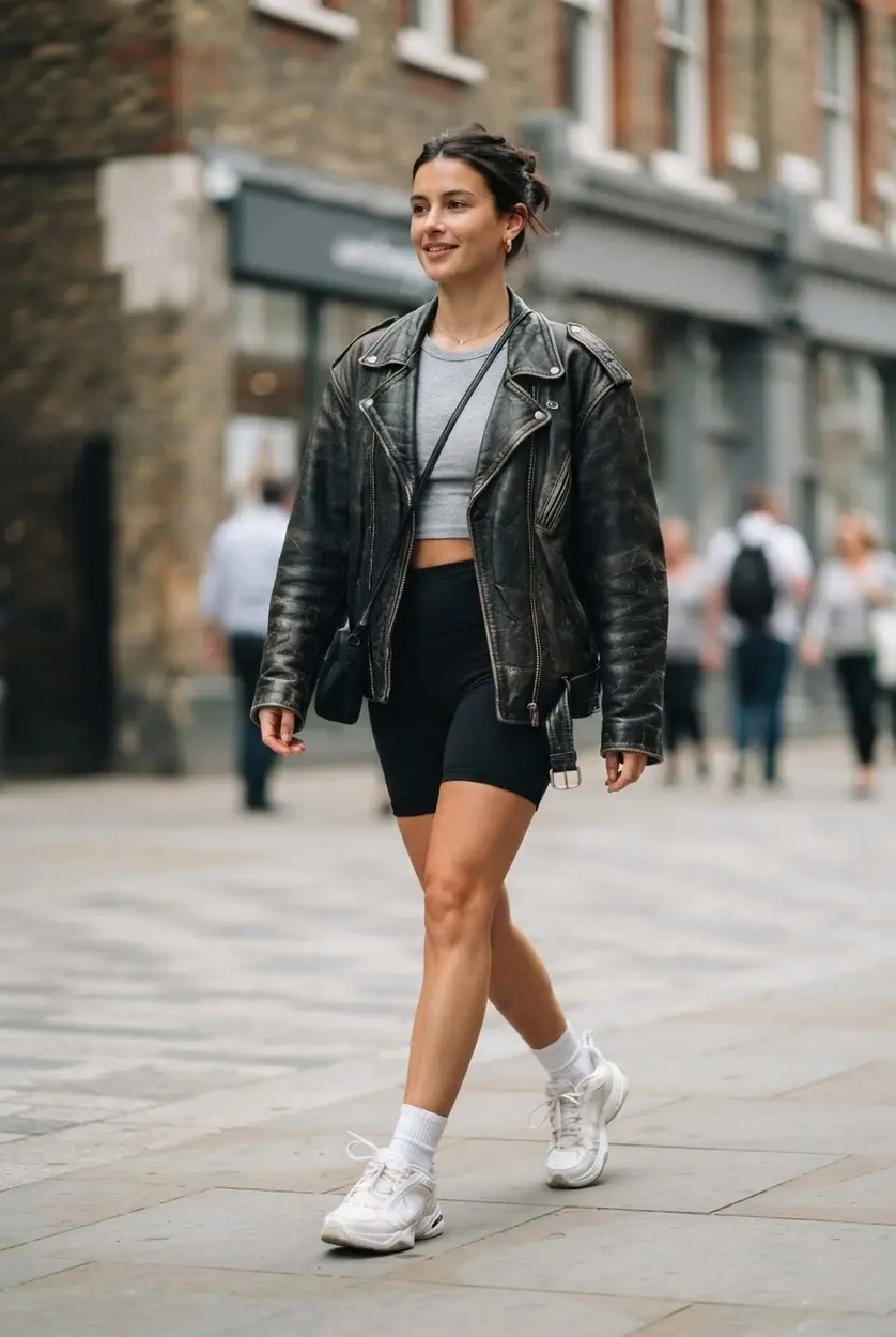 Oversized leather jacket, black cycling shorts, crop top, socks, and chunky sneakers.