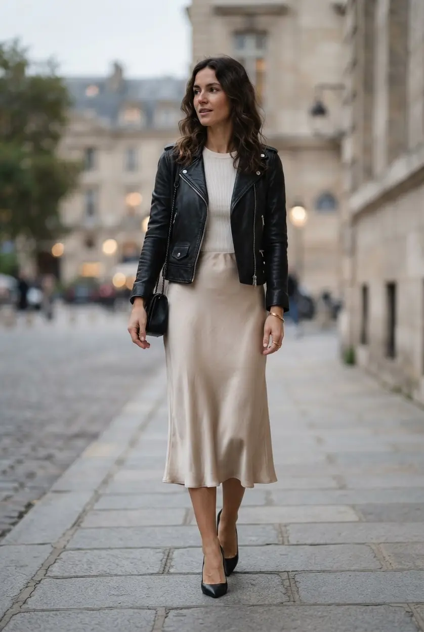 Satin midi skirt, biker jacket, fitted top, and pointed heels.