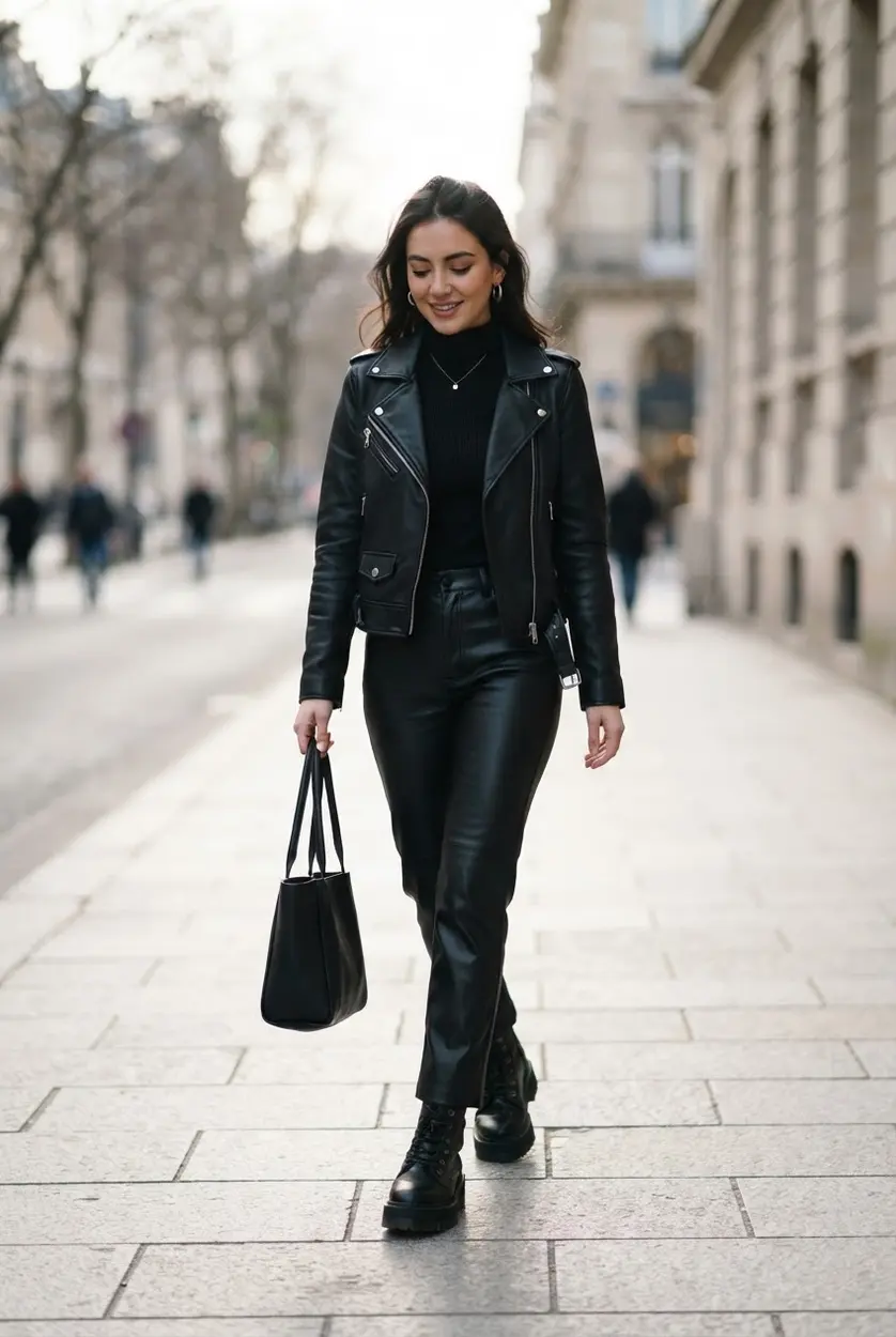 Black leather outerwear, black trousers, fitted top, and chunky boots.