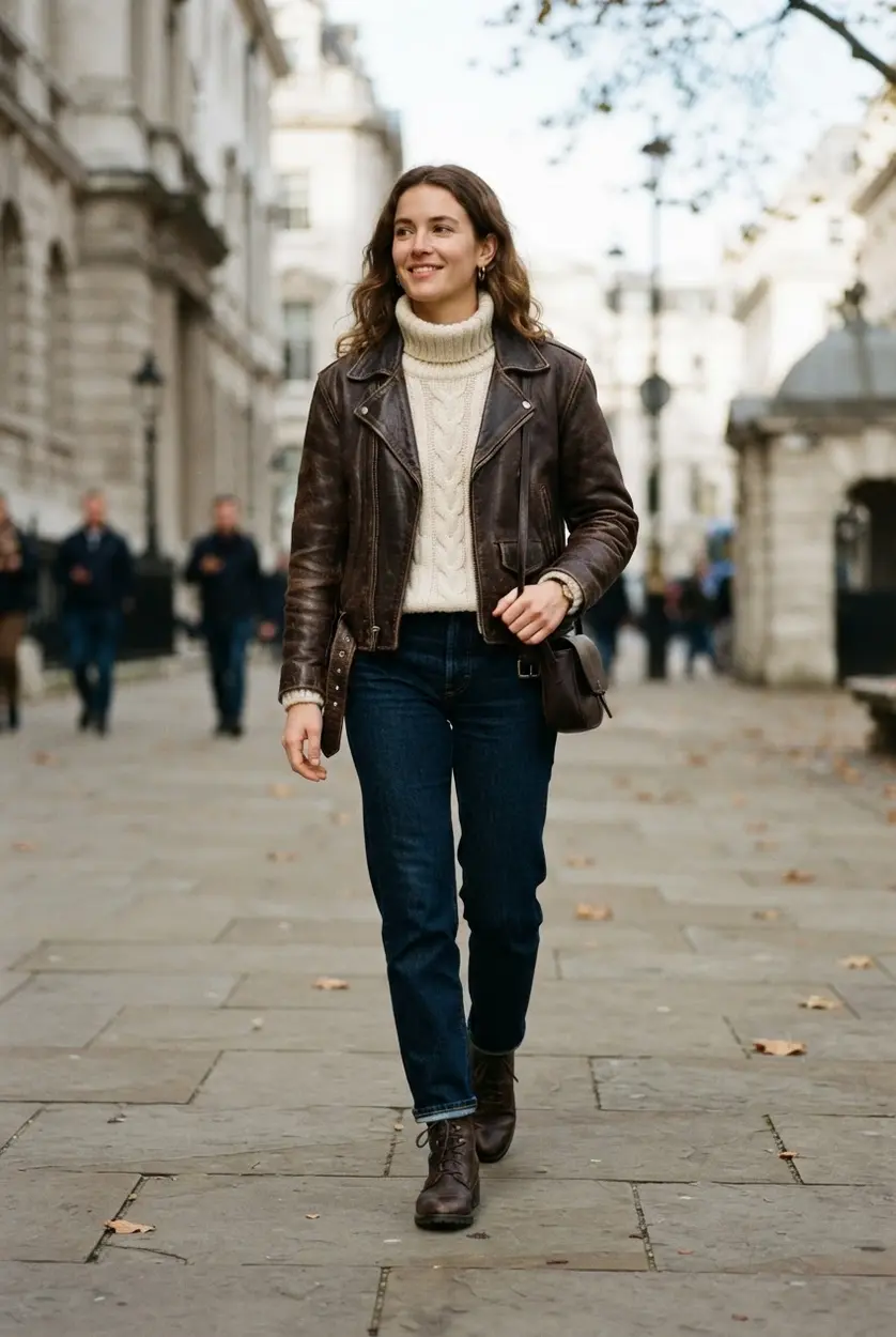Brown leather jacket, cream knit turtleneck, dark jeans, and boots.