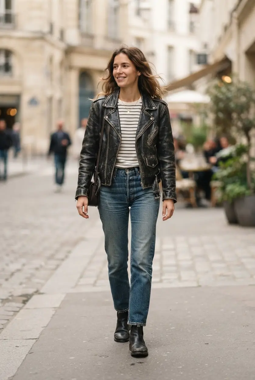 Distressed leather jacket, straight jeans, striped tee, and low boots.