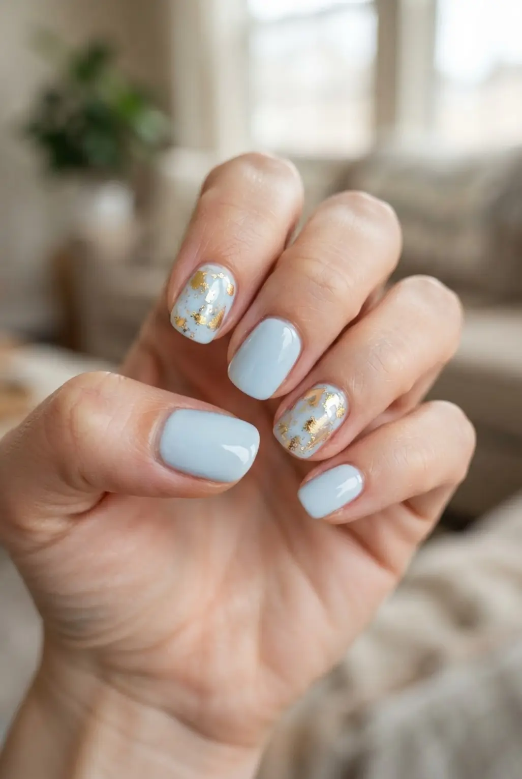 Light blue gold leaf accent nails with thin metallic fragments and rounded tips.