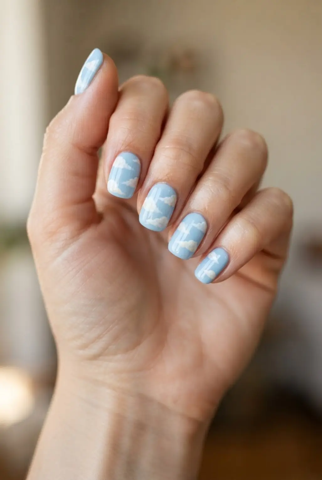 Cloud motif soft blue nails with small white clouds and rounded glossy tips.