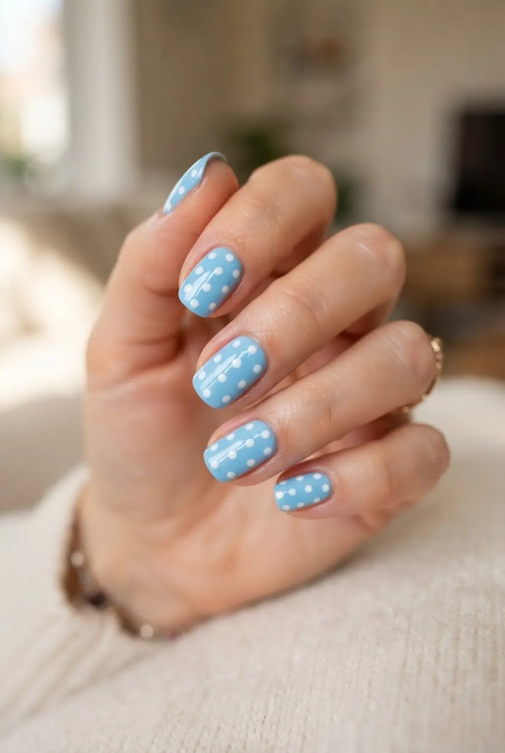 Light blue polka dot retro nails with evenly spaced white dots and glossy polish.