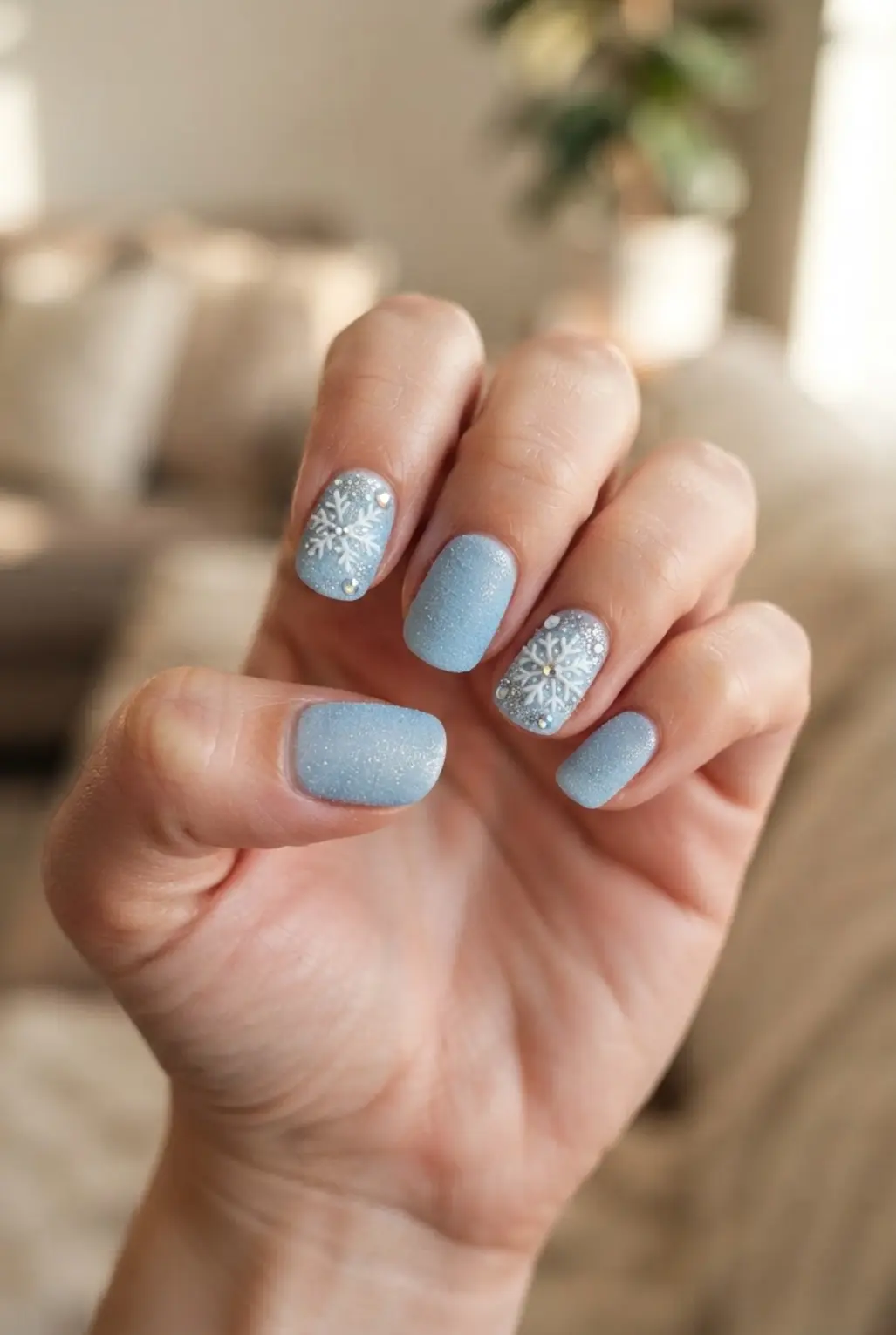 Frosted blue textured winter nails with white snowflake details and fine sparkle.