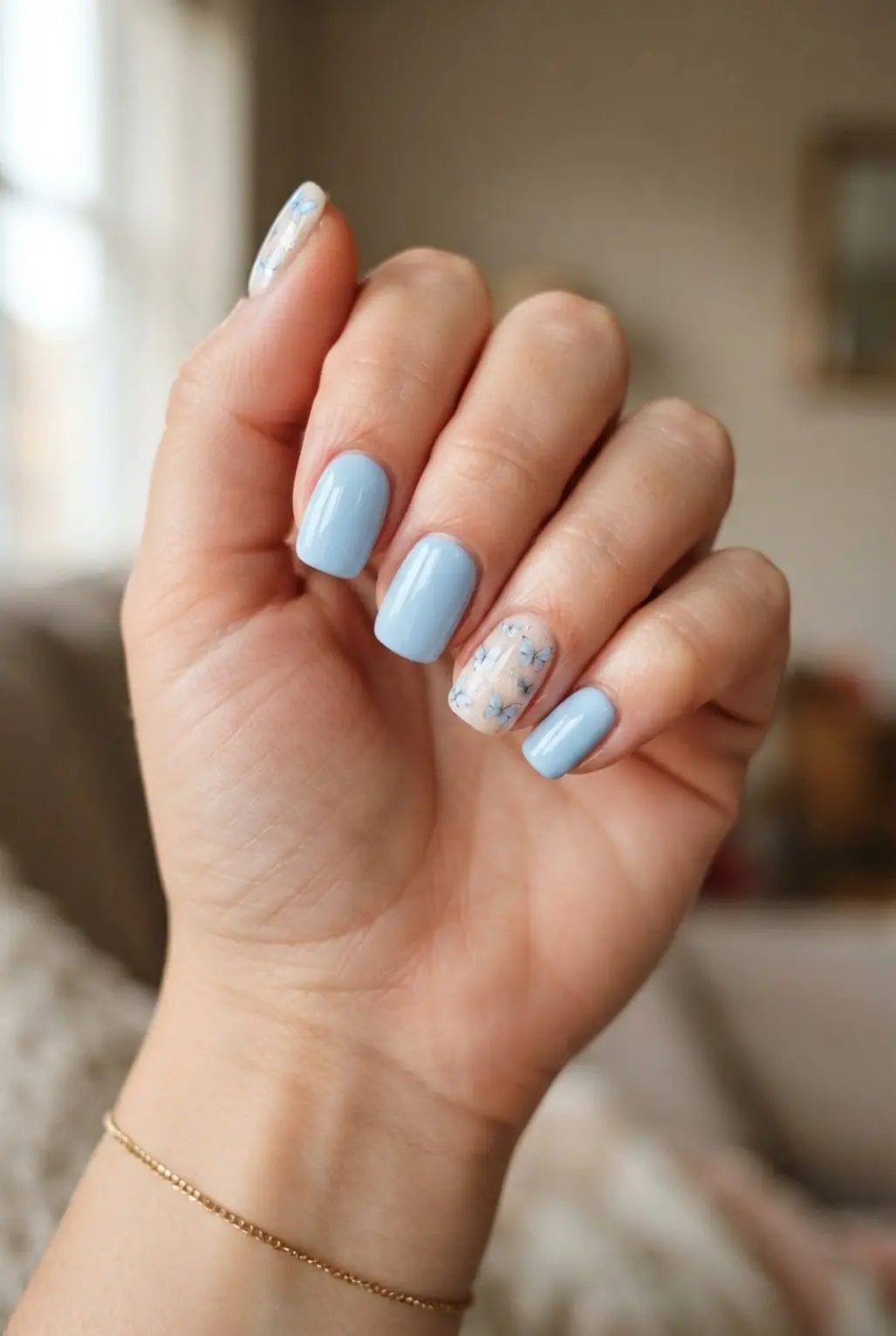 Pastel blue butterfly decal nails with small winged motifs and glossy surfaces.