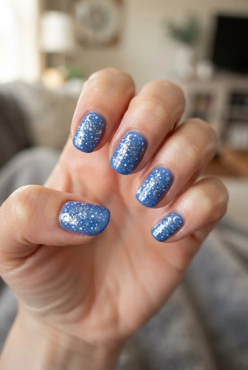 Light blue starry sky nails with silver stars, tiny dots, and glossy polish.