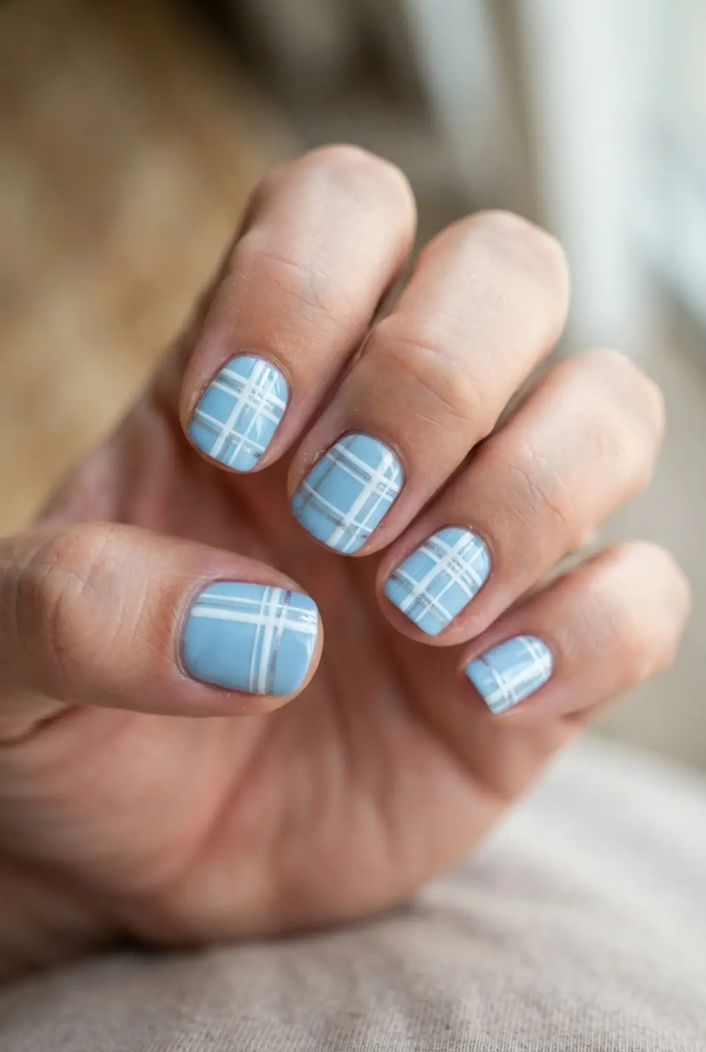 Light blue plaid nails with intersecting white lines, silver details, and glossy panels.