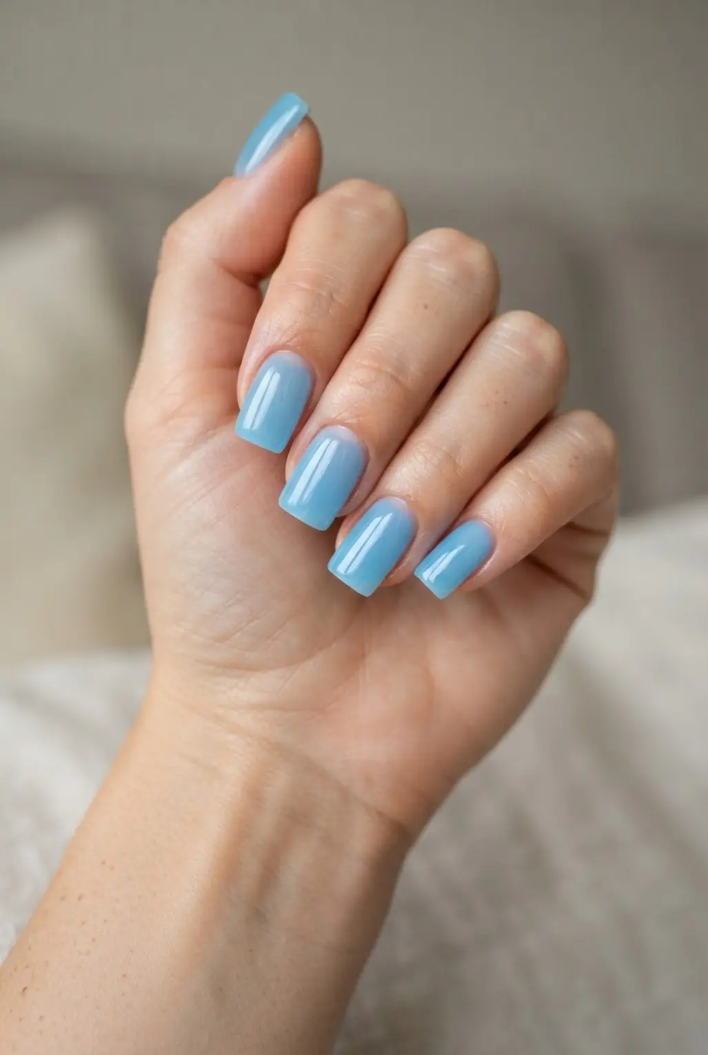 Sky blue jelly finish square nails showing translucent polish, glossy shine, and crisp edges.