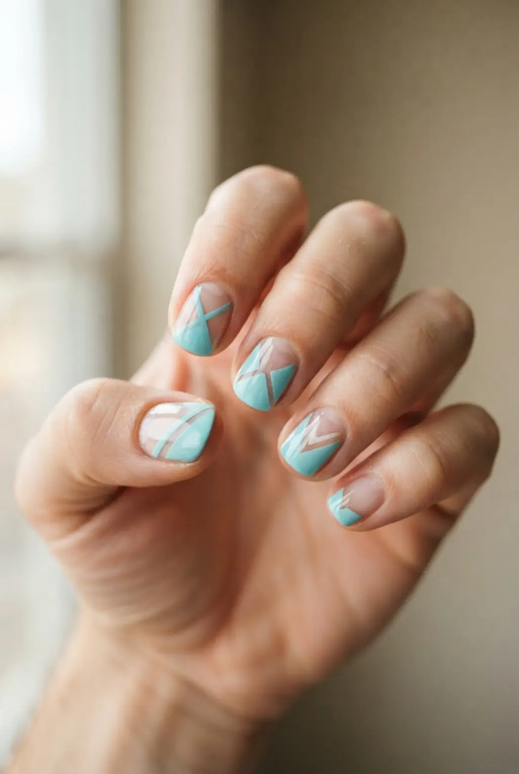 Aqua blue negative space geometric nails with crisp angled lines and clear sections.