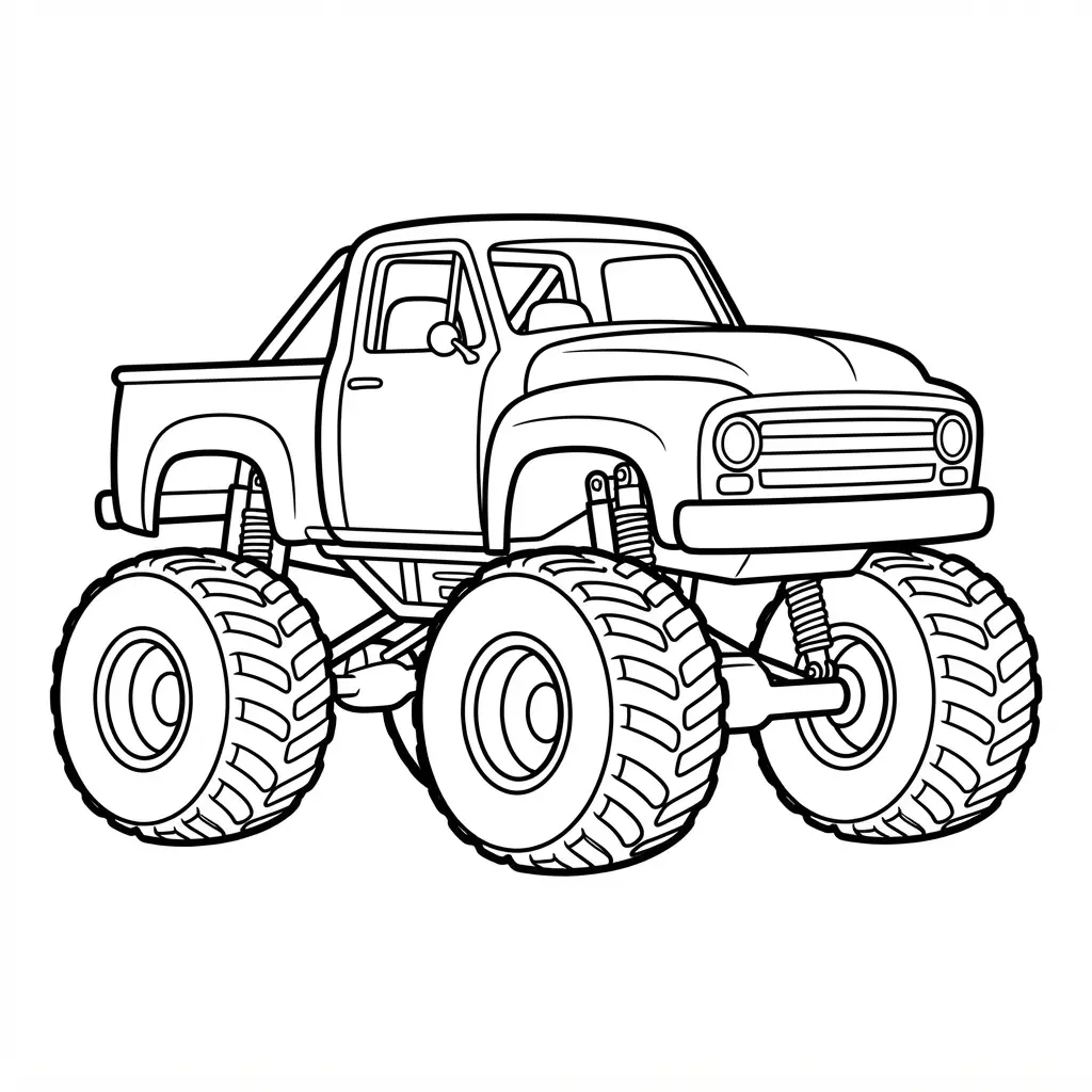 Monster truck coloring pages show a classic outlined truck with huge tires and clean black lines.