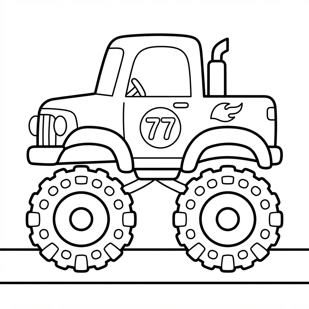 Simple outlined off-road vehicle with two large tires, a wide cab, and open shapes for toddler coloring.