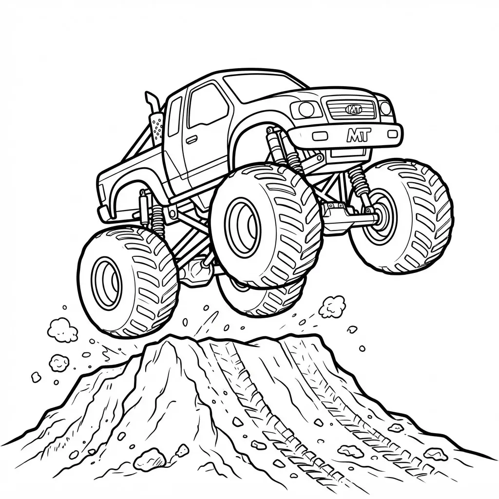 Black-line coloring sheet showing an oversized off-road vehicle airborne above a steep ramp with wide tires.