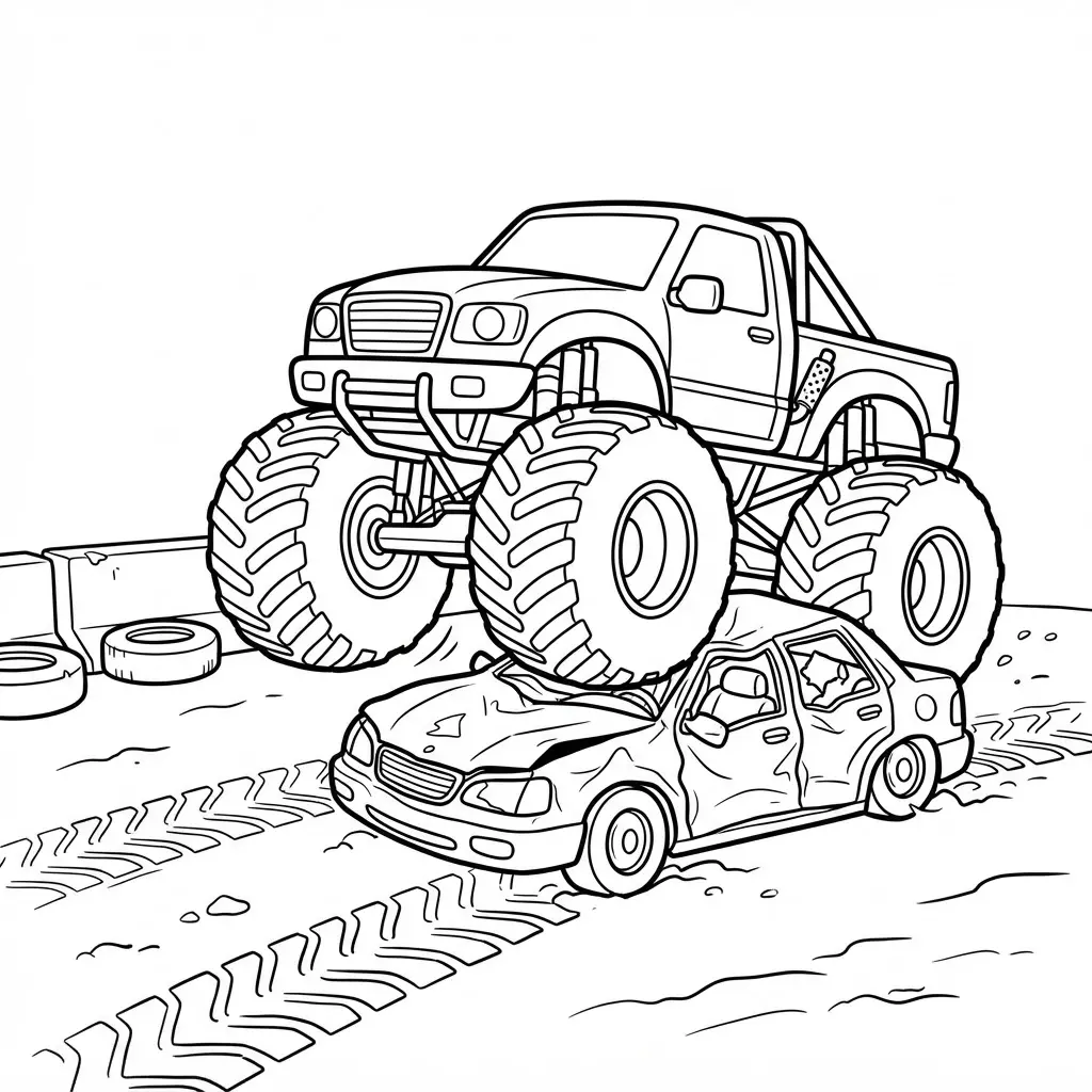 Monster truck coloring pages show a large truck rolling over a small car beside track barriers.